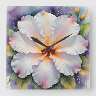 weiße Hibiskus-Blumen-Uhr Quadratische Wanduhr