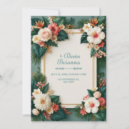 Weiße Hibiskus-Smaragd-Tropische-Rand-Hochzeit Einladung