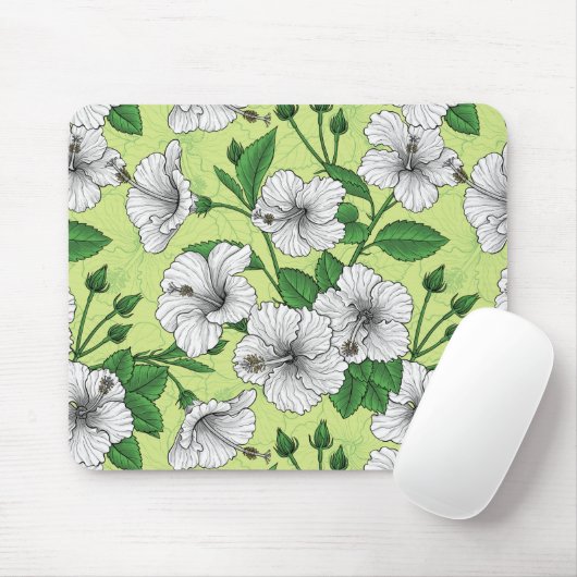 Weiße Hibiskus-Tropenblumenmuster Mousepad (Mit Mouse)