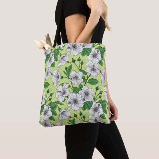Weiße Hibiskus-Tropenblumenmuster Tasche (Von Nahem)