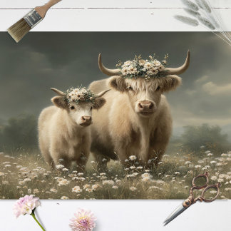Weiße Highland-Kuh und Kalb Decoupage Seidenpapier