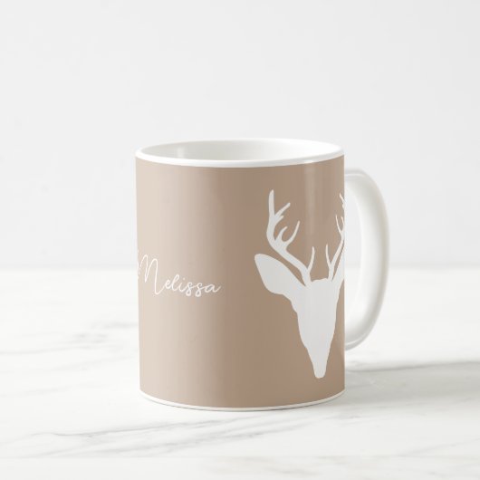 Weiße Hirsche Kopf Silhouette auf Beige & Individu Kaffeetasse (VorderseiteRechts)