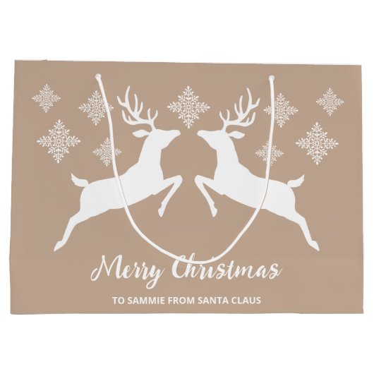 Weiße Hirschformen auf Beige mit Schneeflocken und Große Geschenktüte (Rückseite)