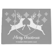 Weiße Hirschformen auf Grau mit Schneeflocken und  Große Geschenktüte (Vorderseite)