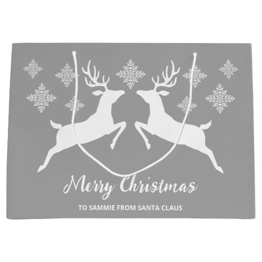 Weiße Hirschformen auf Grau mit Schneeflocken und Große Geschenktüte (Vorderseite)
