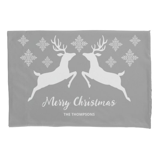 Weiße Hirschformen auf Grau mit Schneeflocken und  Kissenbezug (Vorderseite-Links)