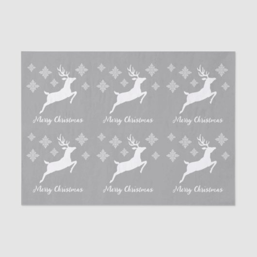 Weiße Hirschformen auf Grau mit Schneeflocken und  Seidenpapier (Vorderseite)