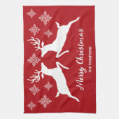 Weiße Hirschformen auf Rot mit Schneeflocken und T Geschirrtuch (Vertikal)