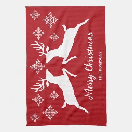 Weiße Hirschformen auf Rot mit Schneeflocken und T Geschirrtuch (Vertikal)