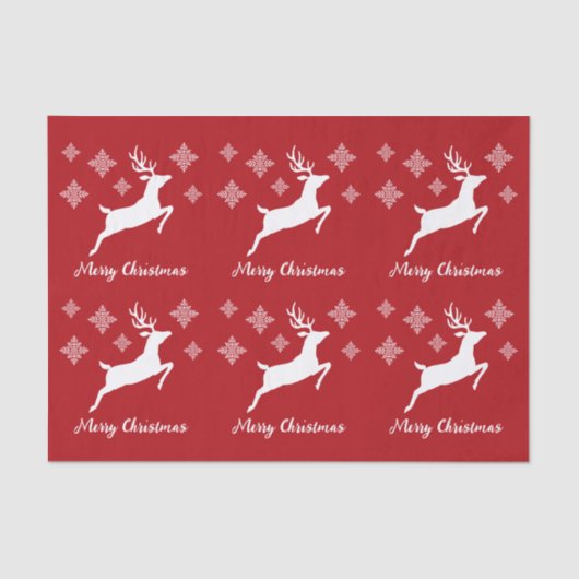Weiße Hirschformen auf Rot mit Schneeflocken und T Seidenpapier (Vorderseite)