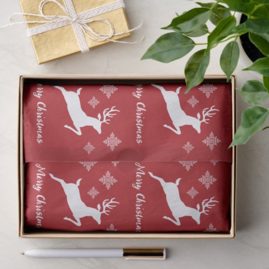 Weiße Hirschformen auf Rot mit Schneeflocken und T Seidenpapier (Geschenk)