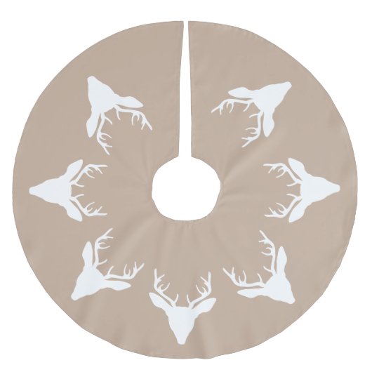 Weiße Hirschkopf-Silhouetten auf Beige Polyester Weihnachtsbaumdecke (Vorderseite)