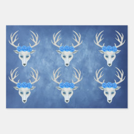 Weiße Hirschköpfe Antler Hübsche Rose Misty Blues Geschenkpapier Set