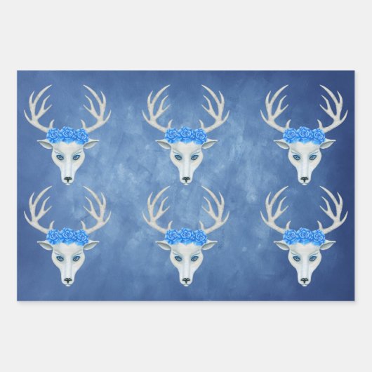 Weiße Hirschköpfe Antler Hübsche Rose Misty Blues Geschenkpapier Set (Vorderseite)
