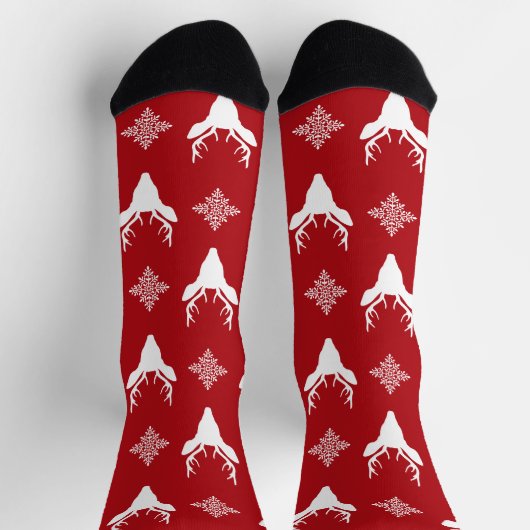 Weiße Hirschköpfe & Schneeflocken Weihnachtsmuster Socken (Oben)