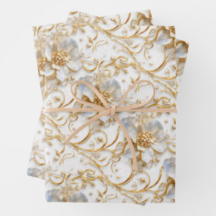 Weiße Hochzeit Blumenmuster elegante Goldblüte Geschenkpapier Set