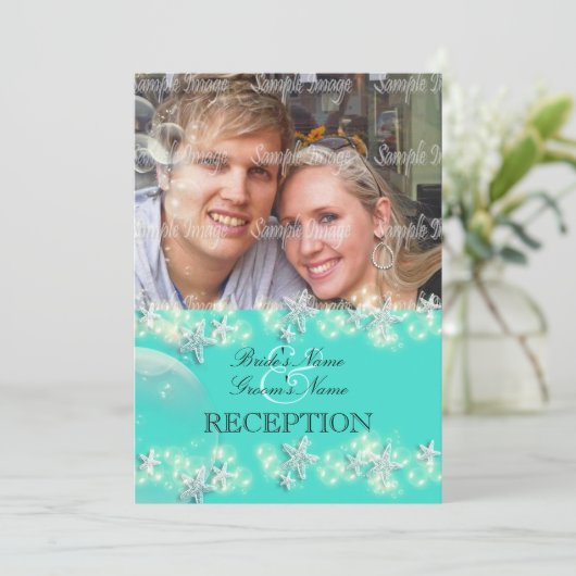 Weiße Hochzeit des Starfish-Türkisblaus Einladung (Stehend Vorderseite)