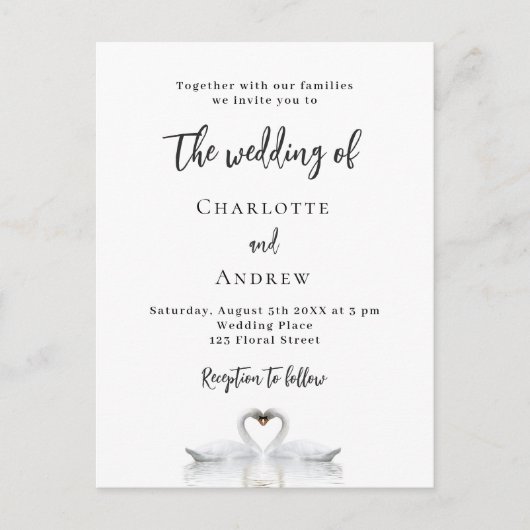 Weiße Hochzeit von Swan Einladungspostkarte (Vorderseite)