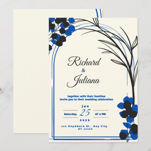 weiße Hochzeitseinladung mit blauen Blumen Einladung (Vorne/Hinten)
