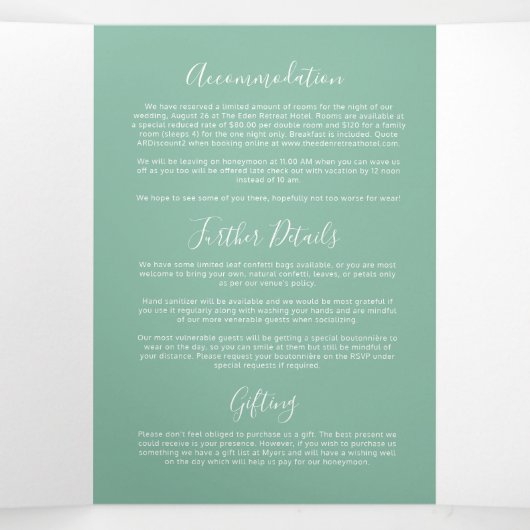 Weiße Hochzeitsfeier in Grün Dreifach Gefaltete Einladung (Innenseite Mitte)