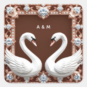 Weiße Hochzeitsschwäne Diamant Herz Verziert Roman Quadratischer Aufkleber