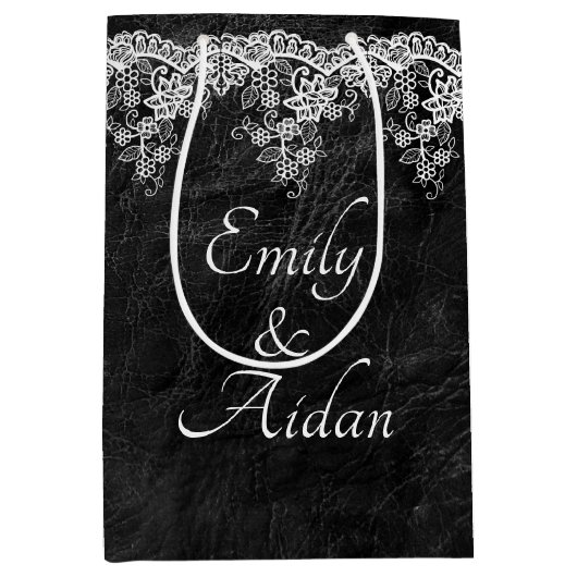 Weiße Hochzeitsstrecke auf Leder Mittlere Geschenktüte (Vorderseite)