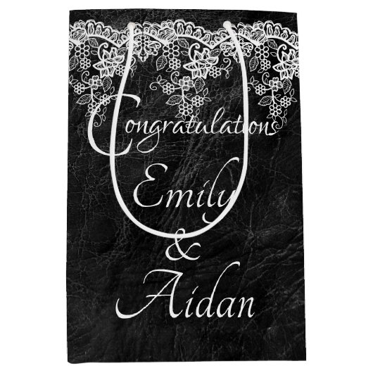 Weiße Hochzeitsstrecke auf Leder Mittlere Geschenktüte (Vorderseite)