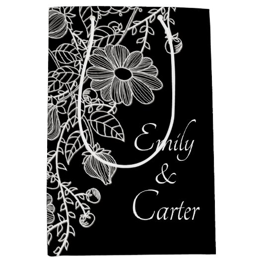 Weiße Hochzeitsstrecke auf schwarz Mittlere Geschenktüte (Vorderseite)