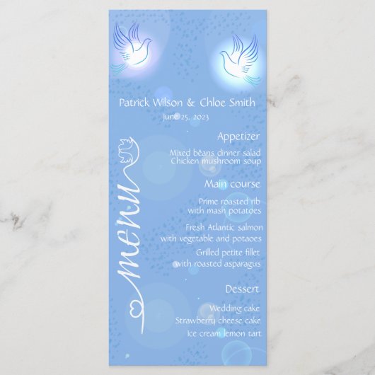 Weiße Hochzeitstaube mit Lichtmenü Menükarte (Vorderseite)