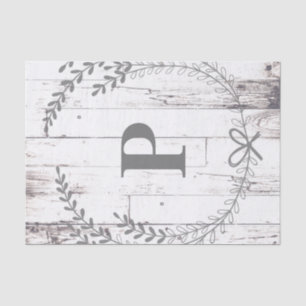 Weiße Holz-Rustikal-Bauernhaus-Monogramm-Hochzeit Seidenpapier