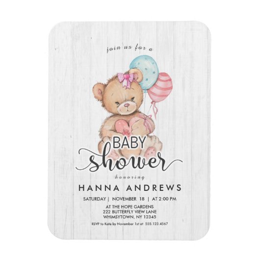 Weiße Holz-Teddybär-Mädchen-Baby-Shower-Einladung Magnet (Vertikal)