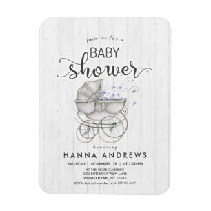 Weiße Holz- und Kutschen-Jungen-Baby-Shower-Einlad Magnet