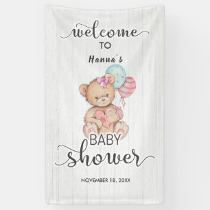 Weiße Holz- und Teddybär-Mädchen-Baby-Party Begrüß Banner