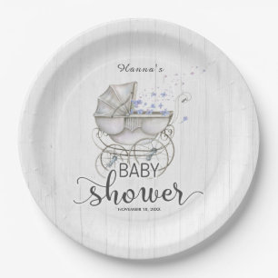 Weiße Holz & Vintage-Kinderwagen-Jungen-Baby-Party Pappteller