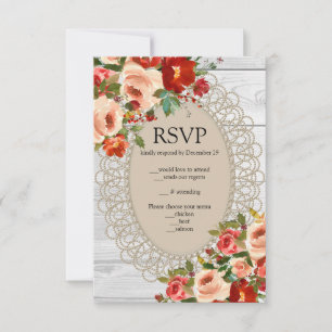 Weiße Holzspitze rote Blumen Rosen Rustikal RSVP Karte