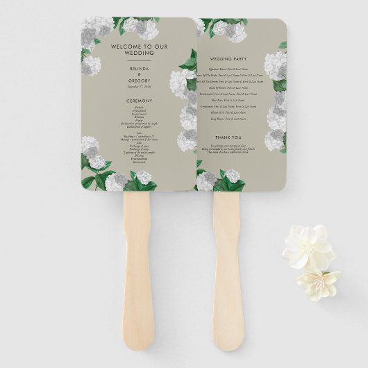 Weiße Hortensien-Blumen-Hochzeitsprogramm Fächer (Vorne und Hinten)