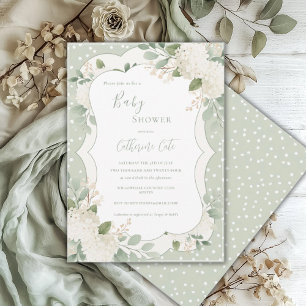 Weiße Hortensien Floral Salbei Grün Baby Shower  Einladung