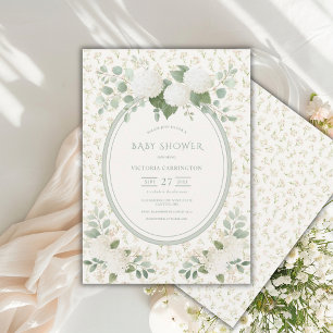 Weiße Hortensien Florale Vintage-Grüne Babyparty Einladung