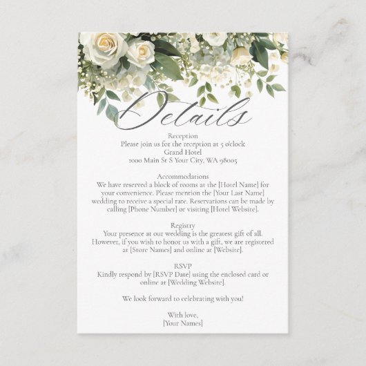 Weiße Hortensien-Rosen-Blumen-Grün-Hochzeit Begleitkarte (Vorderseite)