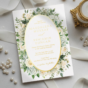 Weiße Hortensien und Rosen Florale Rahmen Hochzeit Folieneinladung