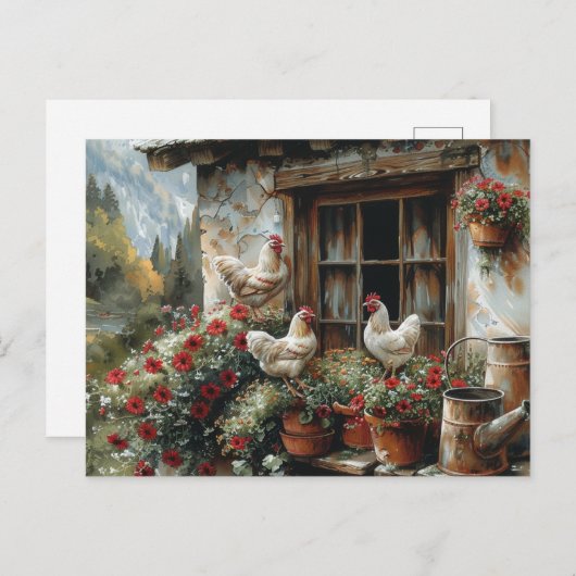 Weiße Hühner auf Windows-Rot-Blume Clay Pot Postkarte (Vorne/Hinten)