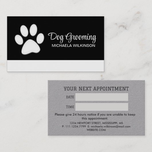 Weiße Hundekuh auf schwarzem Pet Grooming Service Terminkarte (Vorne/Hinten)