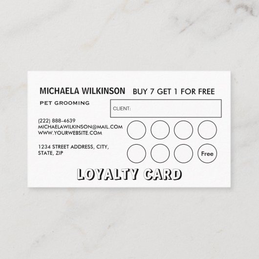 Weiße Hundekuh auf schwarzem Pet Grooming Service Treuekarte (Rückseite)
