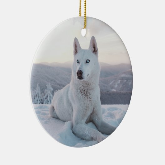 Weiße Husky-Hunde im Schnee Keramik Ornament (Rechts)