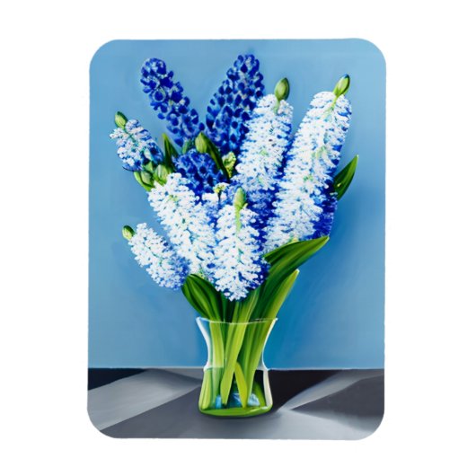 Weiße Hyazinthen in einer Glasvase auf blau Magnet (Vertikal)
