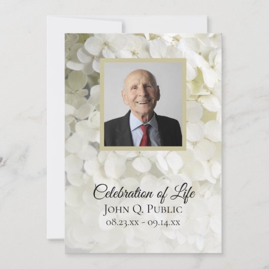 Weiße Hydrangea-Blumenfeier zur Beerdigung des Leb Einladung (Vorderseite)