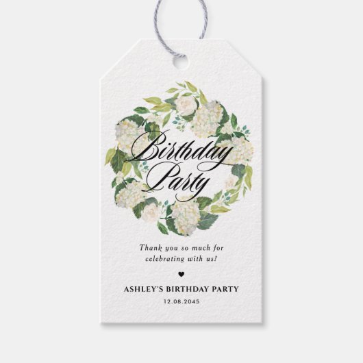 Weiße Hydrangea Blumenreath Geburtstagsparty Geschenkanhänger (Vorderseite)