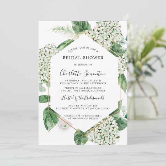 Weiße Hydrangea Botanisches Brautparty Einladung (Stehend Vorderseite)