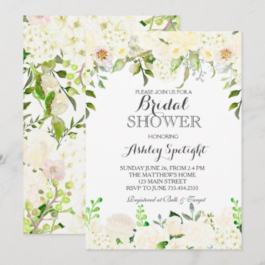 Weiße Hydrangea-Dusche Blüteneinladung, Einladung (Vorne/Hinten)