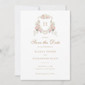 Weiße Hydrangea Grüne Wappen Save the Date Einladung (Vorderseite)